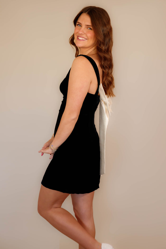 Women's Black Velvet Mini Dress- Women's Bow Back Dress- Women's Black Bow Dress