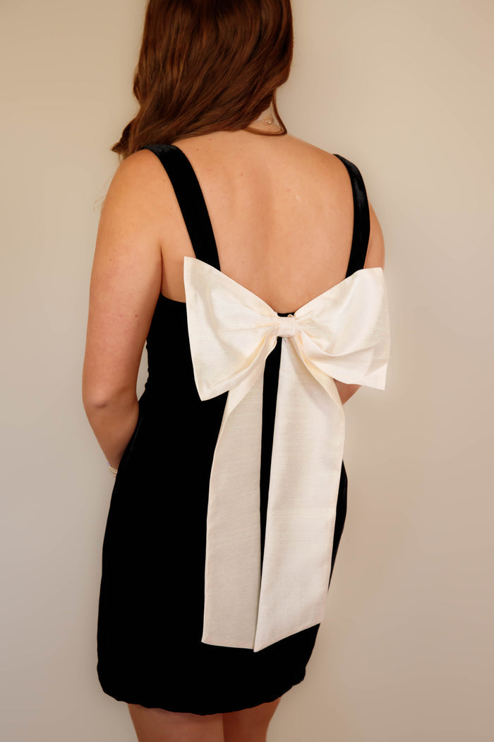 Women's Black Velvet Mini Dress- Women's Bow Back Dress- Women's Black Bow Dress