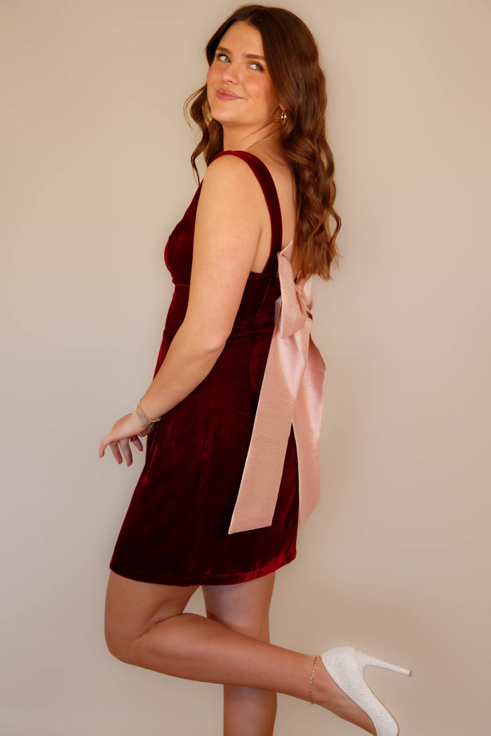 Women's Wine Velvet Mini Dress- Women's Bow Back Dress- Women's Maroon Bow Dress