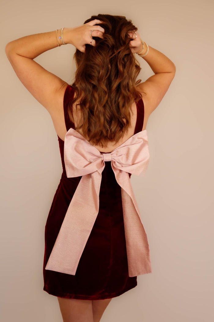 Women's Wine Velvet Mini Dress- Women's Bow Back Dress- Women's Maroon Bow Dress