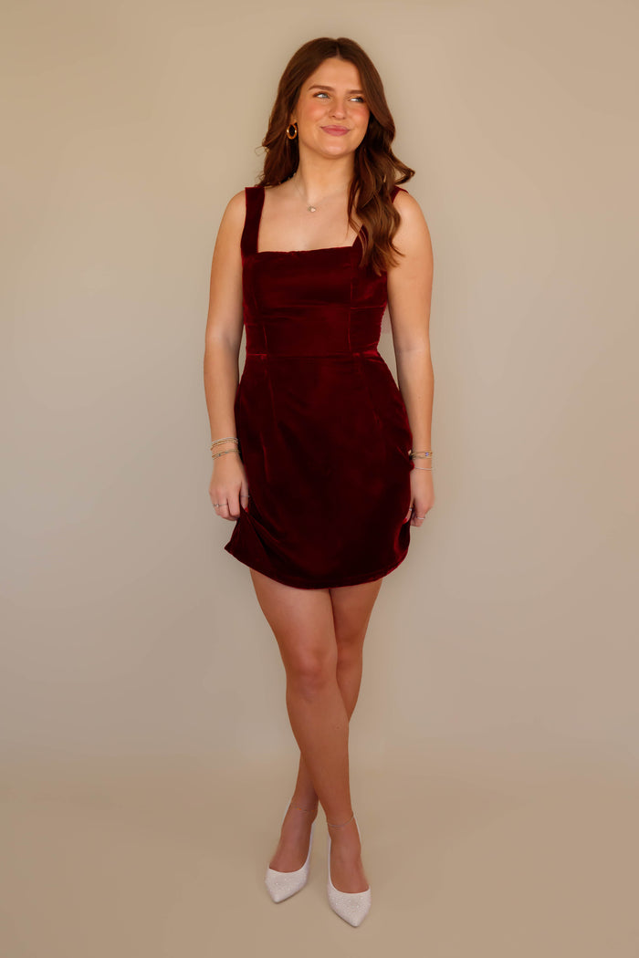 Women's Wine Velvet Mini Dress- Women's Bow Back Dress- Women's Maroon Bow Dress