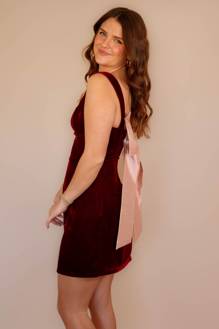 Women's Wine Velvet Mini Dress- Women's Bow Back Dress- Women's Maroon Bow Dress