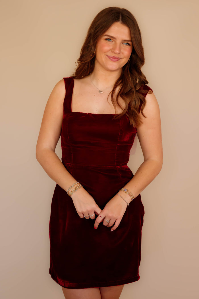 Women's Wine Velvet Mini Dress- Women's Bow Back Dress- Women's Maroon Bow Dress
