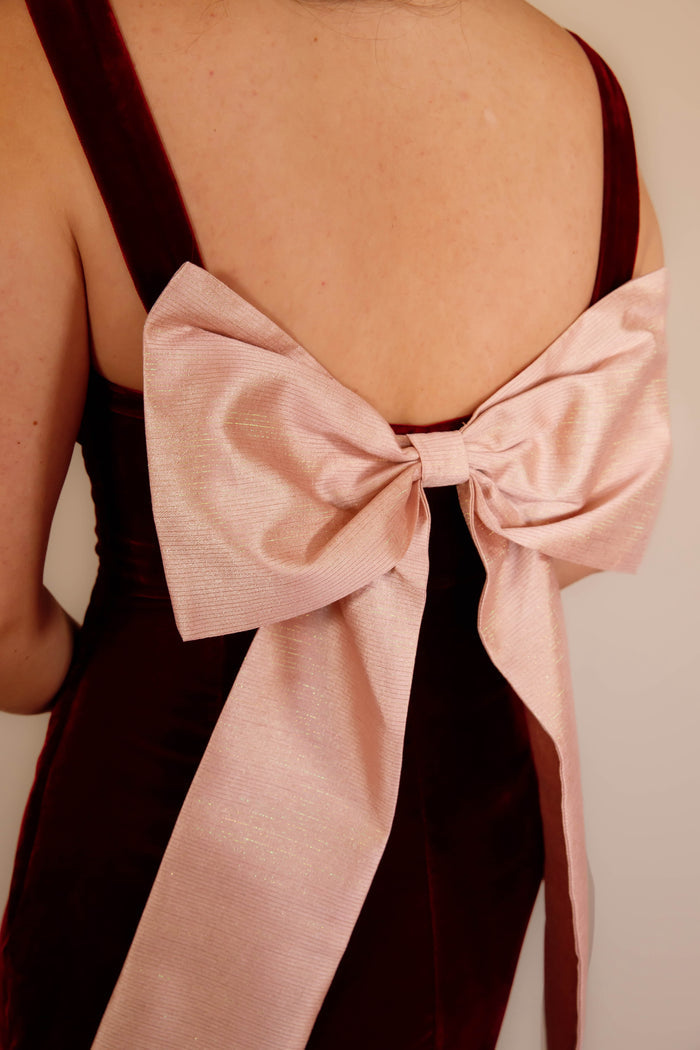 Women's Wine Velvet Mini Dress- Women's Bow Back Dress- Women's Maroon Bow Dress