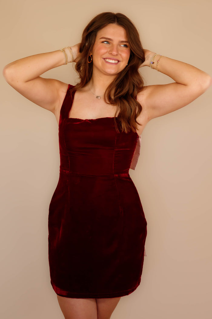 Women's Wine Velvet Mini Dress- Women's Bow Back Dress- Women's Maroon Bow Dress
