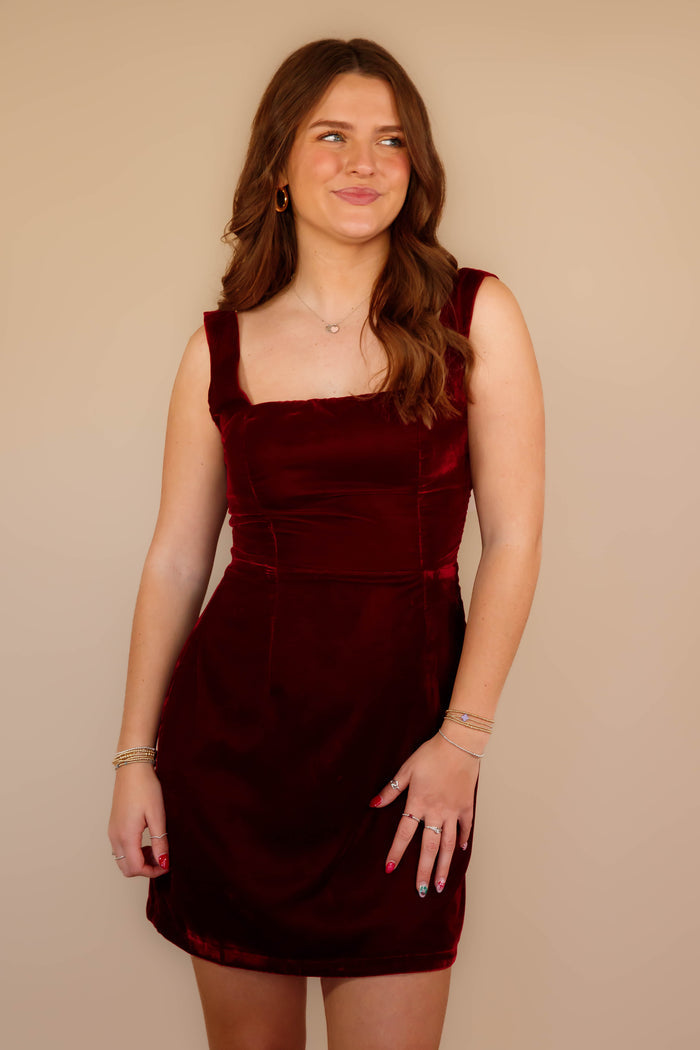 Women's Wine Velvet Mini Dress- Women's Bow Back Dress- Women's Maroon Bow Dress