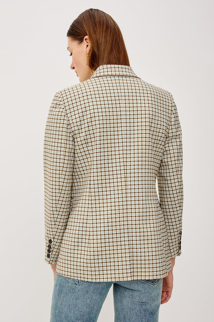 Jac Double-Breasted Blazer With Notched Lapels Side Flap Pockets and Full Lining in Blue Bay Check Clorway - Upper Body Back View Featured on Model