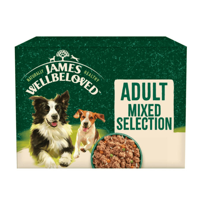 White background with a multipack box of James Wellbeloved Mixed Adult Wet Food. The tin is green and cream with 2 dogs pictured, with text 'Adult, Mixed Selection'.