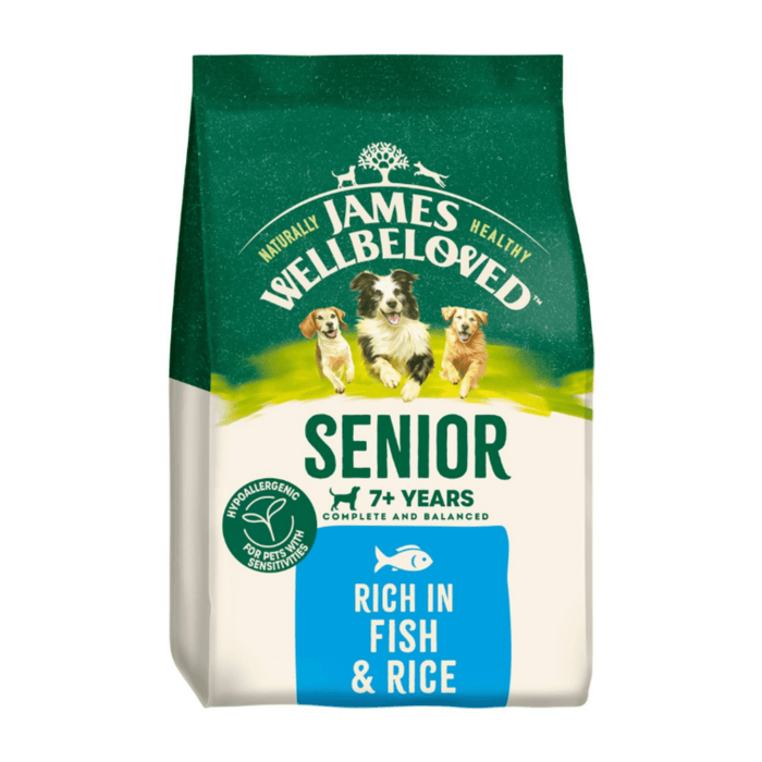 White background with a bag of James Wellbeloved Fish & Rice Senior Dog Food. Packaging is green and cream with 3 dogs pictured, with text 'Senior, 7+ years, Rich in Fish & Rice'.
