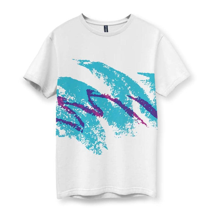 A pristine white tee showcases a large-scale nostalgic graphic centered on the chest—an energetic aquamarine teal swoosh (dry-brush texture, scattered edges) intersected by a sharp berry purple zig-zag. Contact us with accessibility feedback, we'd love to help!