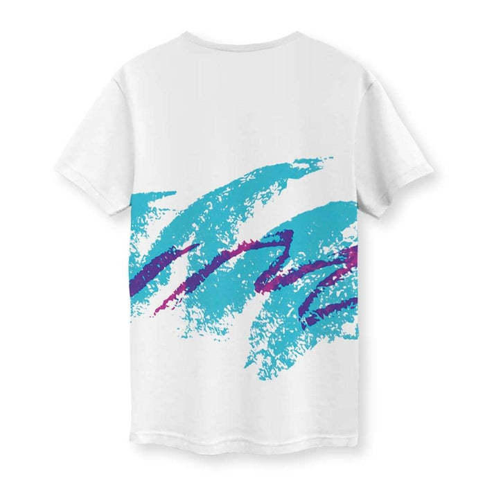 Jazzy 90s T-Shirt - The instant cognition of the aquamarine teal (#48D1CC) "river" crossed by the jagged berry purple (#800080) scribble, synonymous with waxed paper cups.