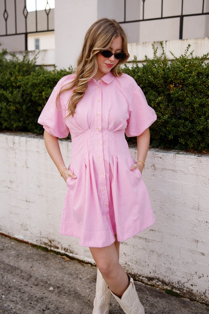 Pink Stripe Button Front Mini Dress – Puff Sleeve Collared Dress- &Merci Pink Striped Dress