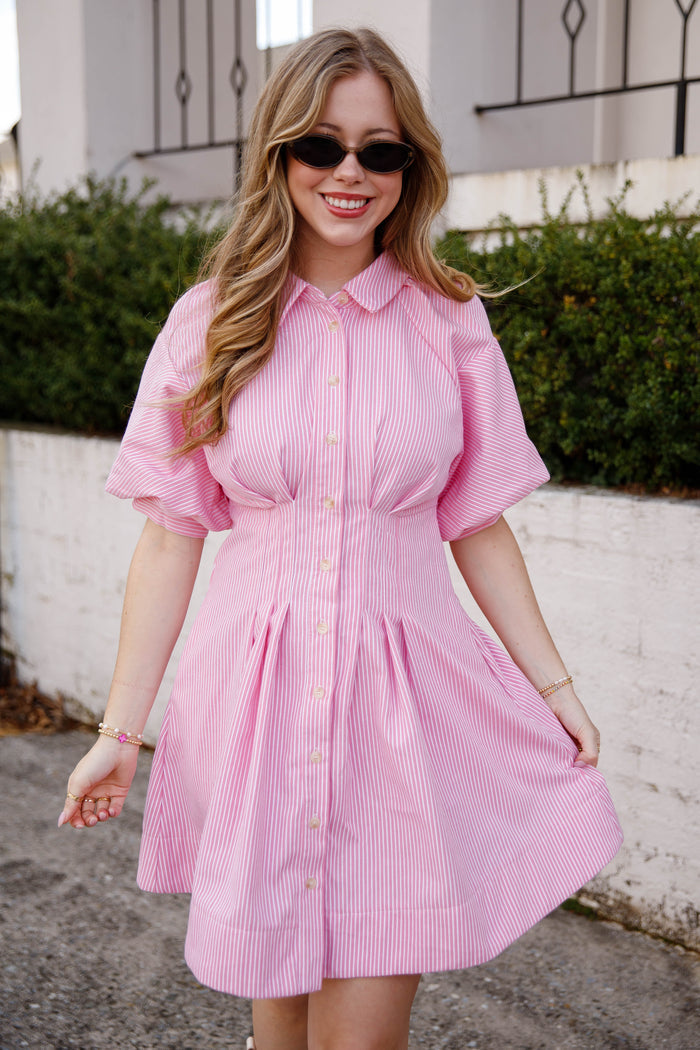 Pink Stripe Button Front Mini Dress – Puff Sleeve Collared Dress- &Merci Pink Striped Dress