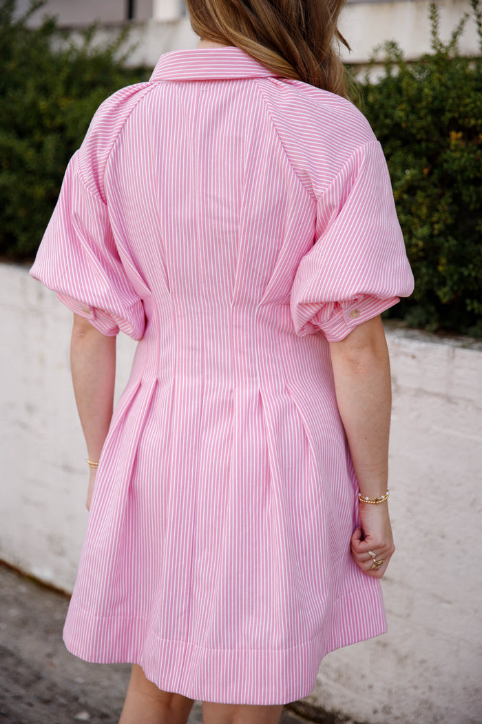 Pink Stripe Button Front Mini Dress – Puff Sleeve Collared Dress- &Merci Pink Striped Dress