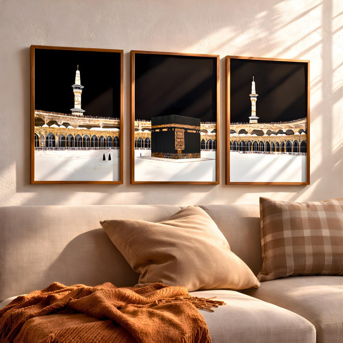 Kaaba triptych wall art set of 3 framed canvases at night