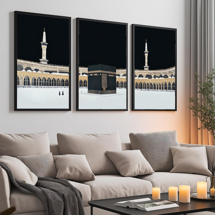 Night scene Kaaba framed canvas art trio