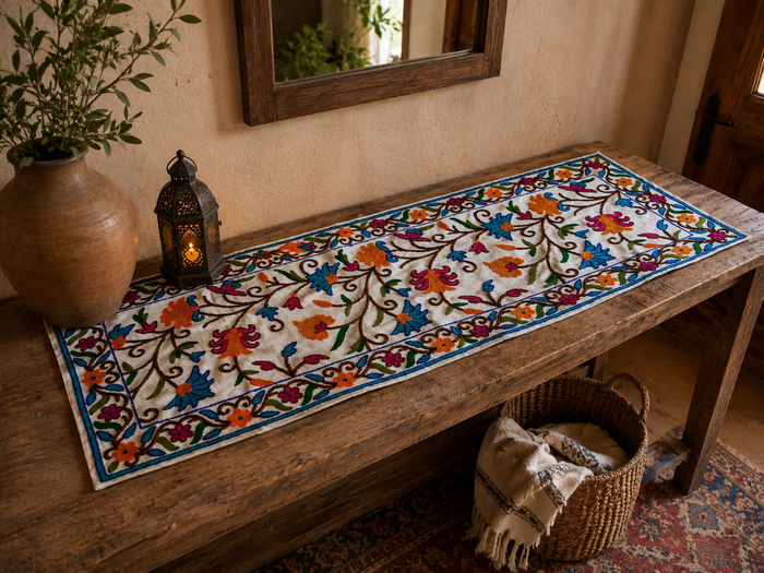 Kashmiri Crewel Embroidered Table Runner – Hand Embroidered Boho Table Decor or Wall Hanging