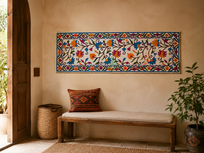 Kashmiri Crewel Embroidered Table Runner – Hand Embroidered Boho Table Decor or Wall Hanging