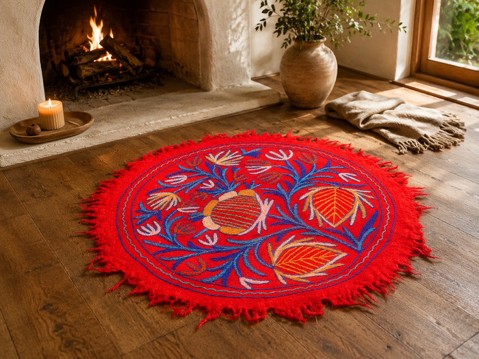 Kashmiri Mandala rug 3ft felted wool for boho bedrooms or as meditation - yoga rug