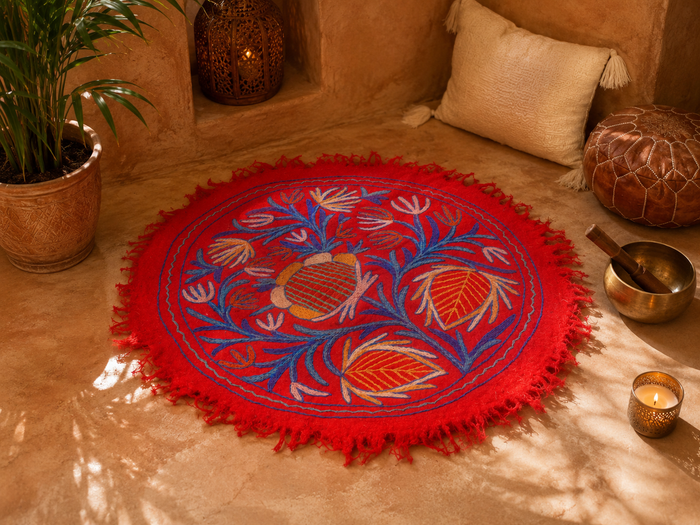 Kashmiri Mandala rug 3ft felted wool for boho bedrooms or as meditation - yoga rug