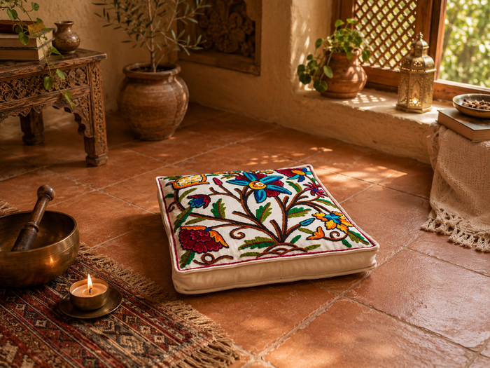 Kashmiri Meditation Cushion Covver – Hand Embroidered Floral Design