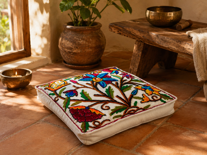 Kashmiri Meditation Cushion Covver – Hand Embroidered Floral Design