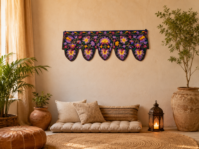 Kashmiri Toran Door Valance 39" Hand-Embroidered Floral Cotton & Wool Banner Crewel embroidery