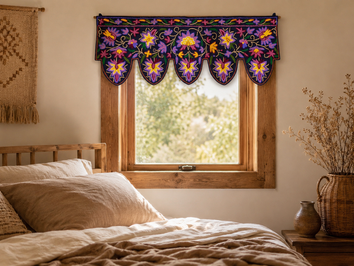 Kashmiri Toran Door Valance 39" Hand-Embroidered Floral Cotton & Wool Banner Crewel embroidery