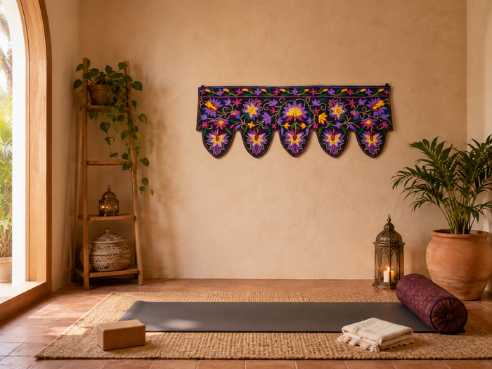 Kashmiri Toran Door Valance 39" Hand-Embroidered Floral Cotton & Wool Banner Crewel embroidery