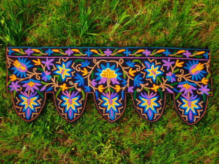 Kashmiri Toran Door Valance 39" Hand-Embroidered Floral Cotton & Wool Banner Crewel embroidery