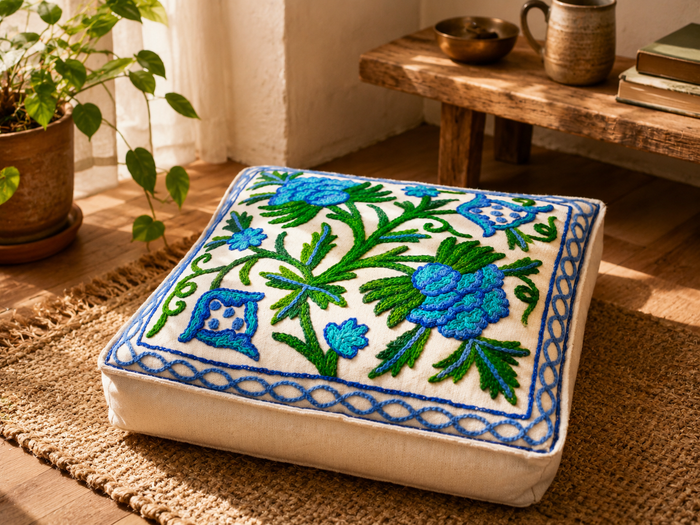 Kashmiri Wool Meditation Cushion – Hand-Embroidered Floral Design