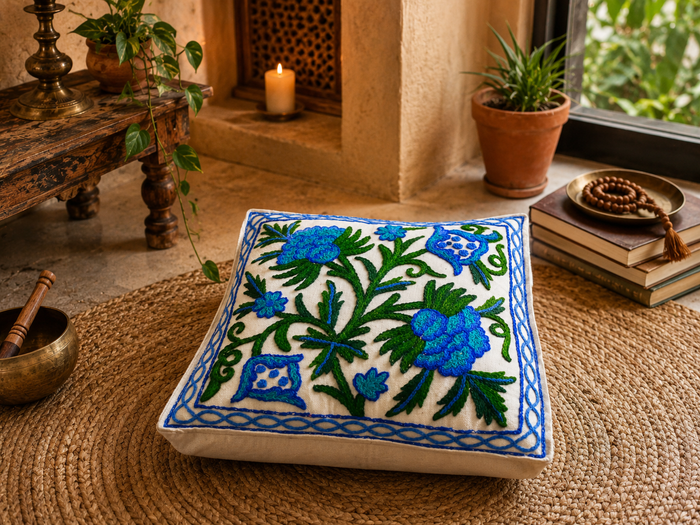 Kashmiri Wool Meditation Cushion – Hand-Embroidered Floral Design