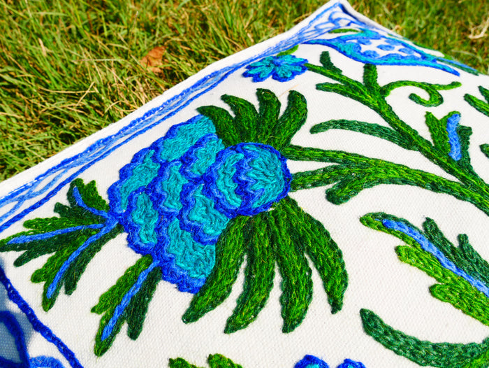 Kashmiri Wool Meditation Cushion – Hand-Embroidered Floral Design