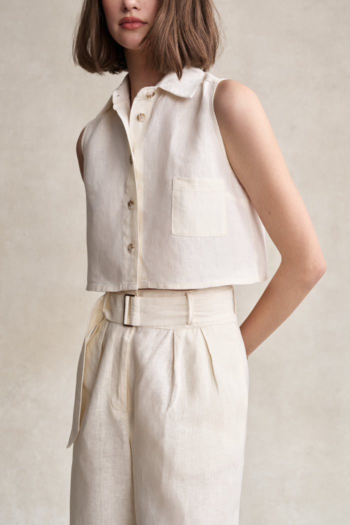 HEVRON Katja Top Ivory Linen Top, studio shot