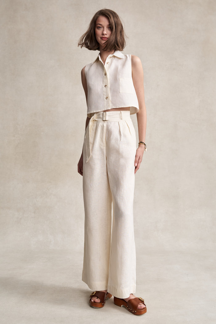 HEVRON Alina Pant Ivory Wide-Leg Linen Pants, studio shot