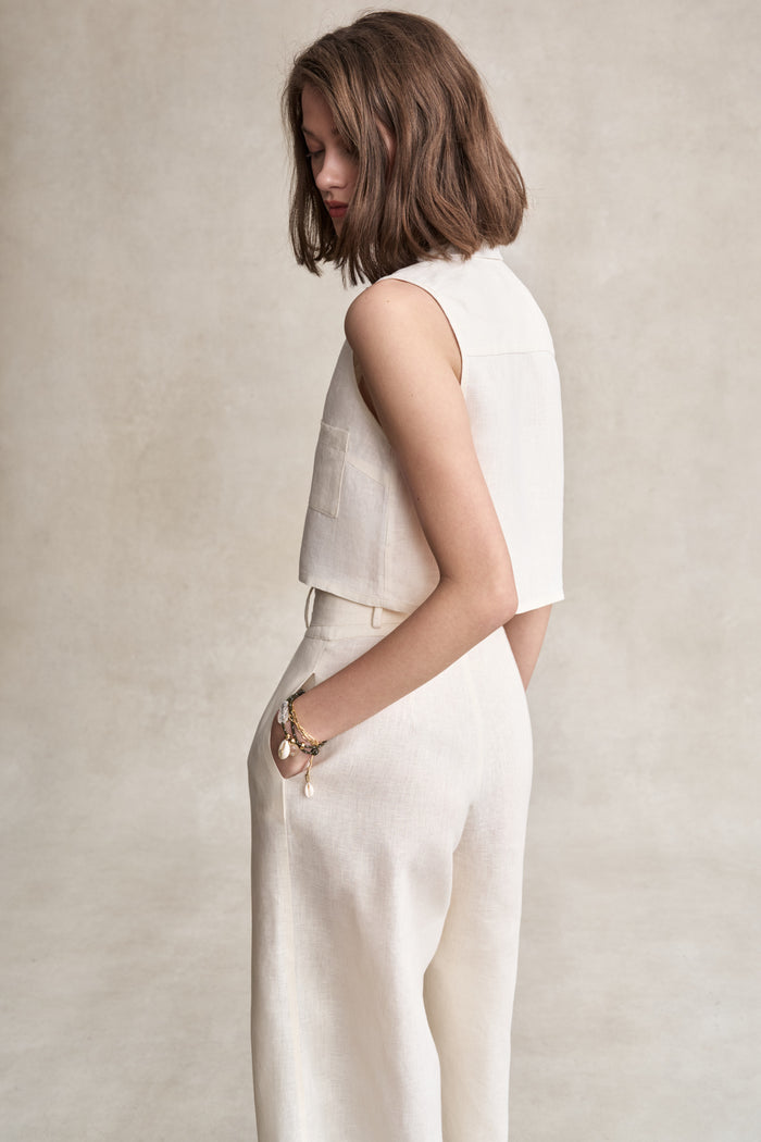 HEVRON Alina Pant Ivory Wide-Leg Linen Pants, studio shot