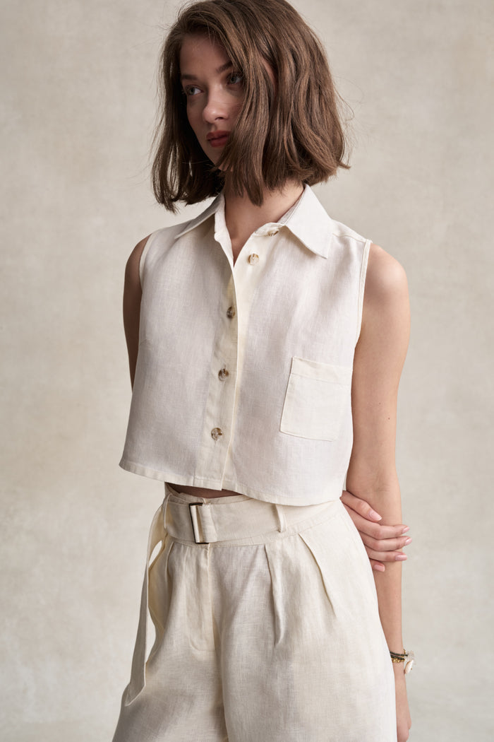 HEVRON Katja Top Ivory Linen Top, studio shot
