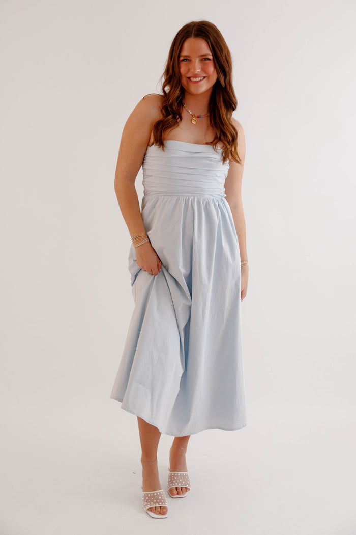 Light Blue Strapless Midi Dress – Smocked Summer Dress for Women- Needii Light Blue Strapless Dress