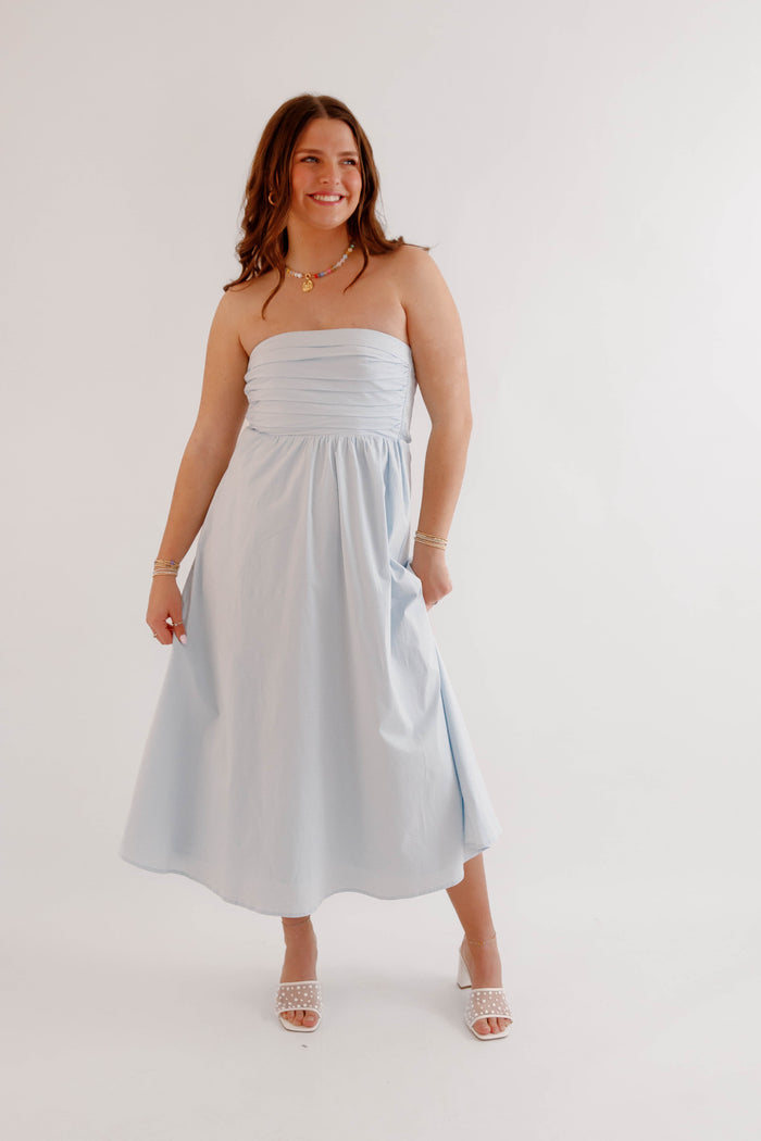 Light Blue Strapless Midi Dress – Smocked Summer Dress for Women- Needii Light Blue Strapless Dress