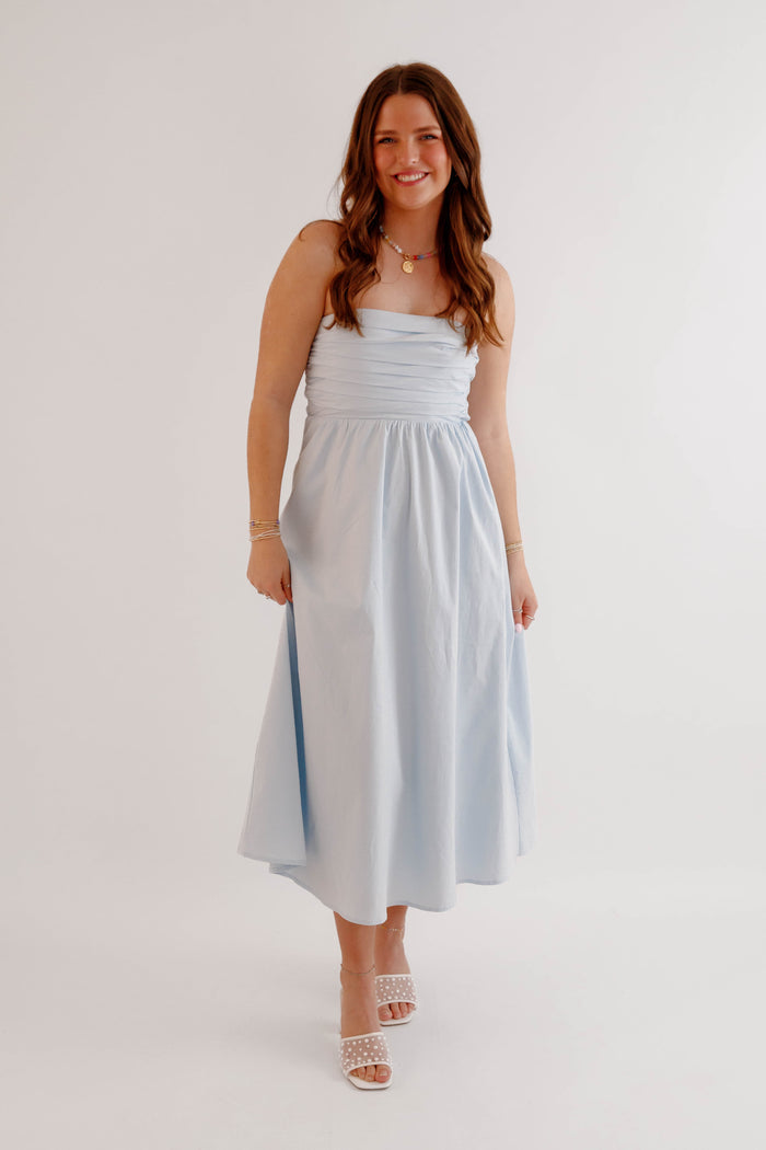 Light Blue Strapless Midi Dress – Smocked Summer Dress for Women- Needii Light Blue Strapless Dress