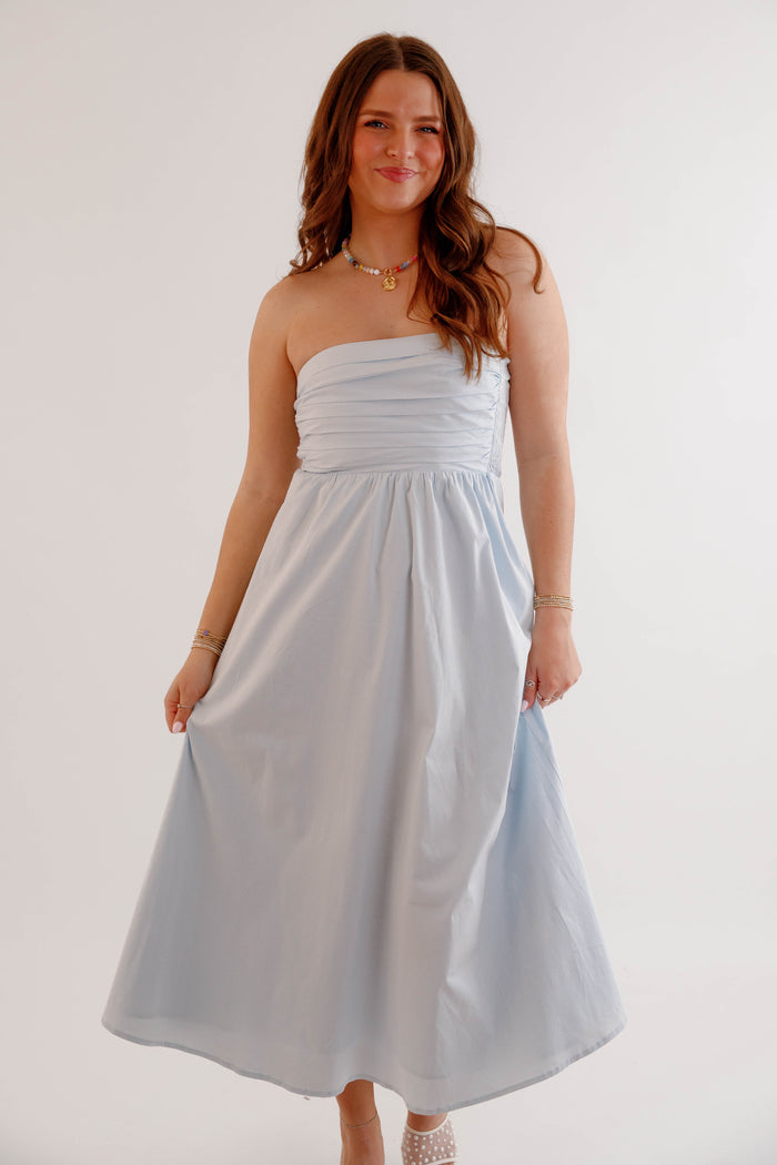 Light Blue Strapless Midi Dress – Smocked Summer Dress for Women- Needii Light Blue Strapless Dress