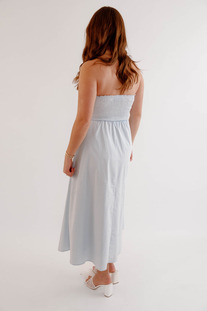 Light Blue Strapless Midi Dress – Smocked Summer Dress for Women- Needii Light Blue Strapless Dress