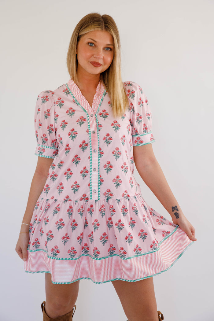 Pink Floral Mini Dress – Button Down Puff Sleeve Dress – Cottagecore Spring Boutique Dress