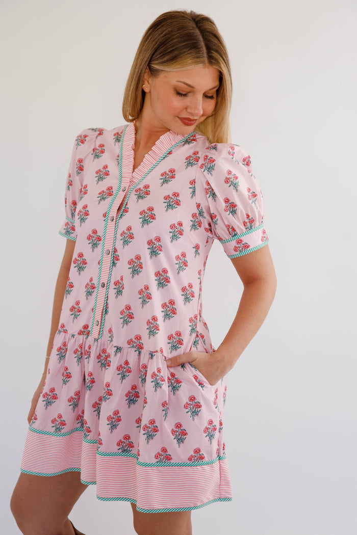 Pink Floral Mini Dress – Button Down Puff Sleeve Dress – Cottagecore Spring Boutique Dress