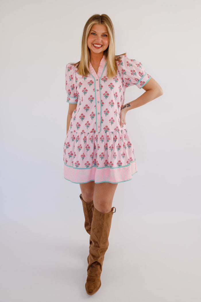 Pink Floral Mini Dress – Button Down Puff Sleeve Dress – Cottagecore Spring Boutique Dress