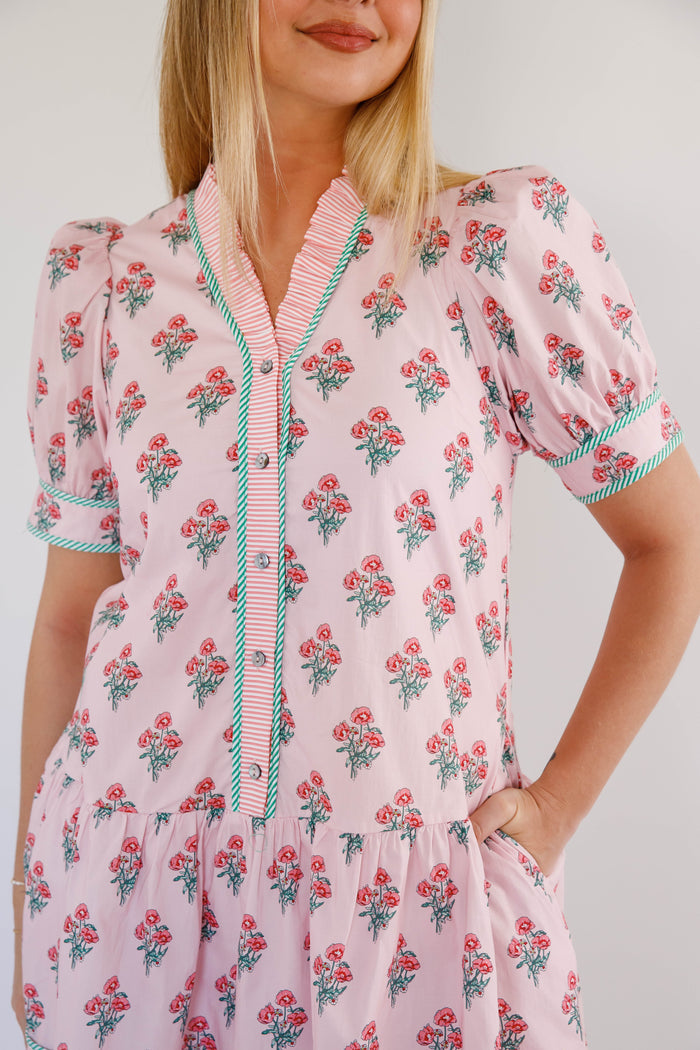 Pink Floral Mini Dress – Button Down Puff Sleeve Dress – Cottagecore Spring Boutique Dress