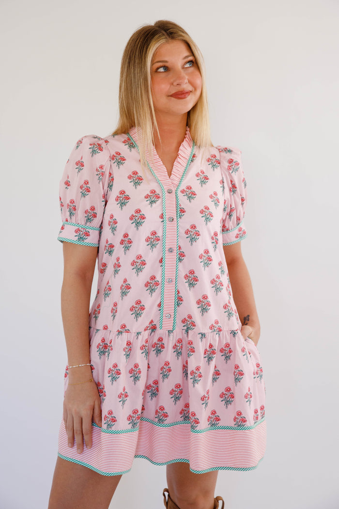 Pink Floral Mini Dress – Button Down Puff Sleeve Dress – Cottagecore Spring Boutique Dress