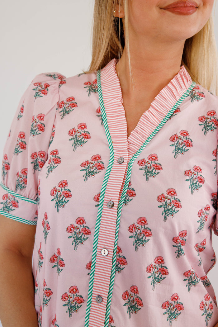 Pink Floral Mini Dress – Button Down Puff Sleeve Dress – Cottagecore Spring Boutique Dress
