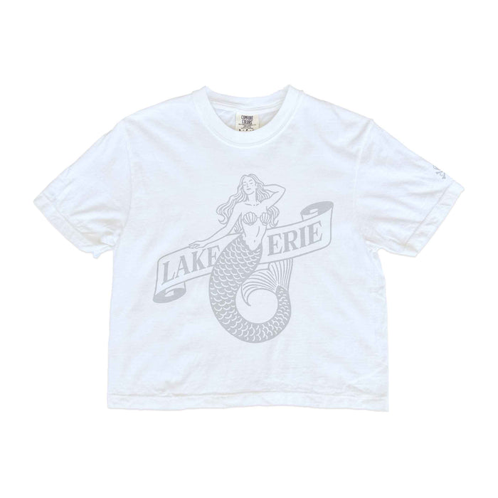 White t-shirt with mermaid graphic and 'Lake Erie' text on a white background
