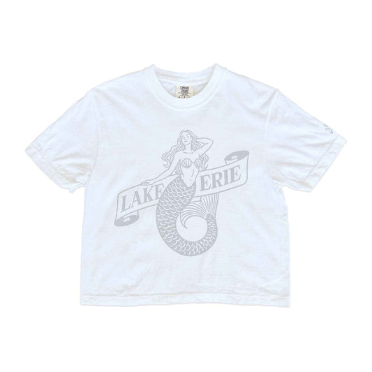 White t-shirt with mermaid graphic and 'Lake Erie' text on a white background